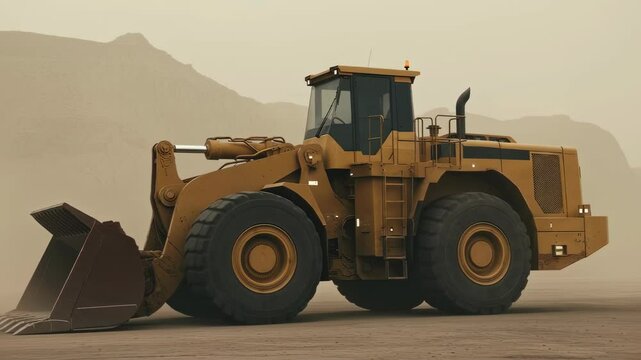 A large yellow front loader stands on dusty ground in a desert or construction site. Heavy equipment for earth moving operations in dirt footage.