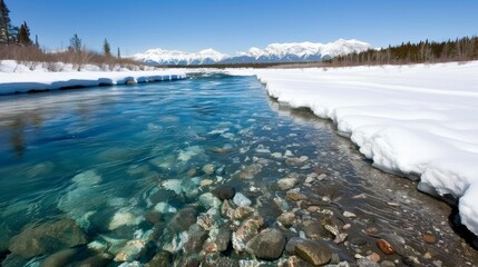 A crystal-clear river meanders through a snowy landscape with majestic mountain peaks in the background