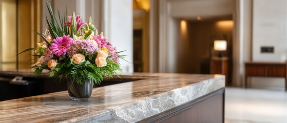 Elegant floral arrangement with pink gerbera daisies and roses on a marble countertop in a hotel lobby, creating a welcoming and luxurious ambiance