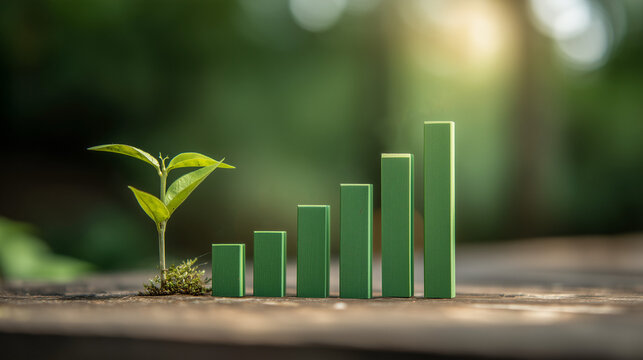 Growing Plant Beside Green Bar Chart, Symbolizing Sustainable Business Growth, Environmental Investment, and Eco-friendly Progress. - Powered by Adobe