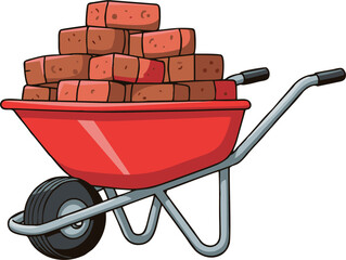 Red Wheelbarrow Filled with Stacked Brown Bricks