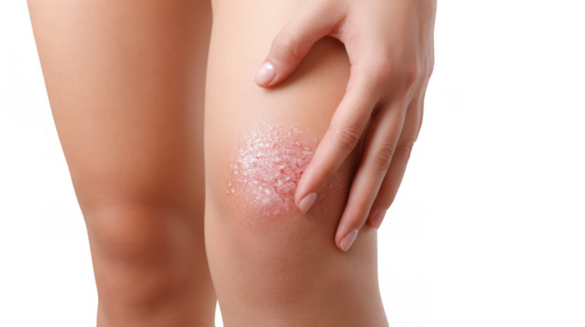 Close up of woman applying moisturizing cream on her injured leg with psoriasis, eczema, dermatitis or other skin disease, isolated on transparent background