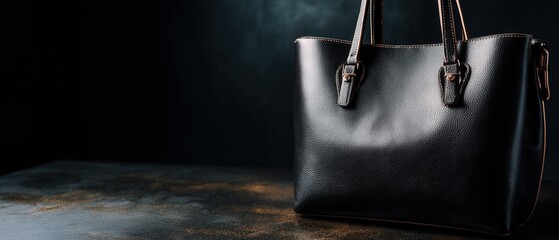 Elegant black leather tote bag with brown trim on dark background Stylish womens handbag for fashion and everyday use Concept of luxury, style, and accessories