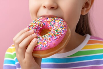 Child taking a bite of pink donut with sprinkles, child eating a sprinkled donut on pink.