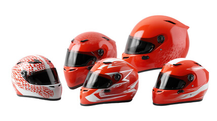 Fototapeta premium Racing Helmets: A collection of vibrant red racing helmets, showcasing aerodynamic design and protective features, symbolizing speed, safety, and competitive spirit.