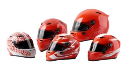Racing Helmets: A collection of vibrant red racing helmets, showcasing aerodynamic design and protective features, symbolizing speed, safety, and competitive spirit.