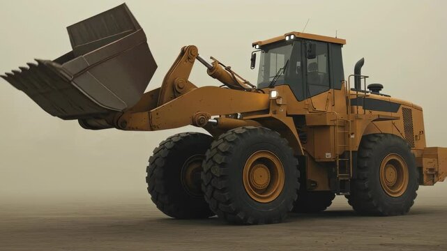 Large yellow wheel loader with a front bucket, used for heavy construction work and moving earth, footage.