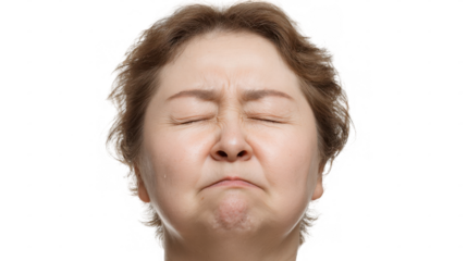 Close up of a mature woman with closed eyes, her face expressing sadness and grief as tears stream down her cheeks, isolated on a transparent background