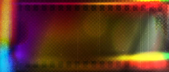 Old film strip leaking light rainbow rays overlay effect and noise texture, Scratched old film strip with grain and bokeh glare effect, Vector vintage background.