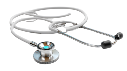 Medical Instrument in Detail: A meticulously crafted stethoscope, its silver and white components gleam, symbolizing care, diagnosis, and the art of healing.