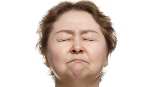 Close up of a mature woman with closed eyes, her face expressing sadness and grief as tears stream down her cheeks, isolated on a transparent background