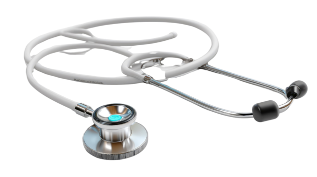 Medical Instrument in Detail: A meticulously crafted stethoscope, its silver and white components gleam, symbolizing care, diagnosis, and the art of healing. - Powered by Adobe