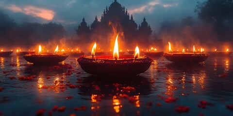 Diwali Celebration with Traditional Clay Oil Lamps on Water Surface near Temple