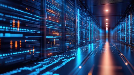 Futuristic data center with server racks and digital connection lines