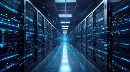 Futuristic data center with server racks and digital connection lines