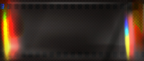 Old film strip leaking light rainbow rays overlay effect and noise texture, Scratched old film strip with grain and bokeh glare effect, Vector vintage background.