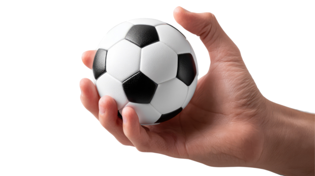 Holding Soccer Ball: A hand gently holding a classic black and white soccer ball, poised and ready for action, symbolising athleticism and sporting spirit.