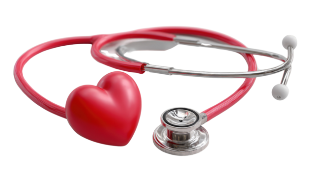 Heartbeat Harmony: A vivid red stethoscope tenderly embraces a pristine red heart, symbolizing health, care, and the vital connection between medical expertise and well-being.