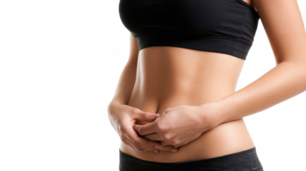 Close up of fit woman's abdomen with hands touching bloated belly, experiencing discomfort and digestive issues, isolated on transparent background, highlighting health and body concerns