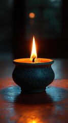 Burning Oil Lamp illuminating Dark Room for Meditation and Peaceful Atmosphere