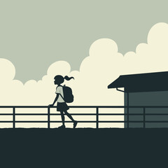 Girl walking with backpack alongside fence under cloudy sky  