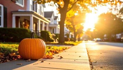 Autumn pumpkin on suburban street.
