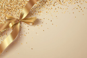Golden Luxury Abstract Background with Ribbon and Confetti. Invitation Card.

