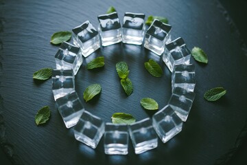A photograph of an aerial view showcasing an intricate arrangement of clear ice cubes