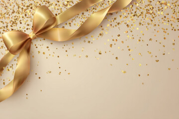 Golden Luxury Abstract Background with Ribbon and Confetti. Invitation Card.


