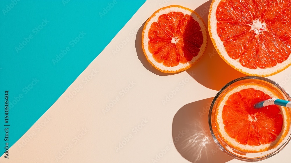 Poster bright citrus fruit and refreshing drink on a colorful surface in a vibrant setting during daylight 