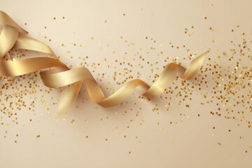 Golden Luxury Abstract Background with Ribbon and Confetti. Invitation Card.

