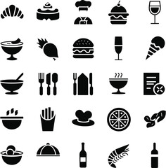 Food and Restaurant Icons Set – Black Silhouette Vector for Culinary, Dining Concepts