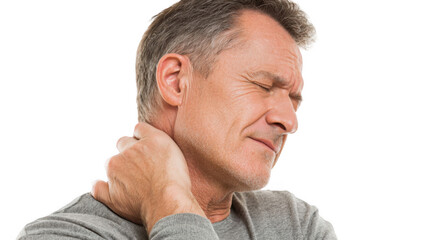 Obraz premium Close up of a mature man experiencing neck pain, wincing in discomfort, with a transparent background that allows for easy integration into various design projects