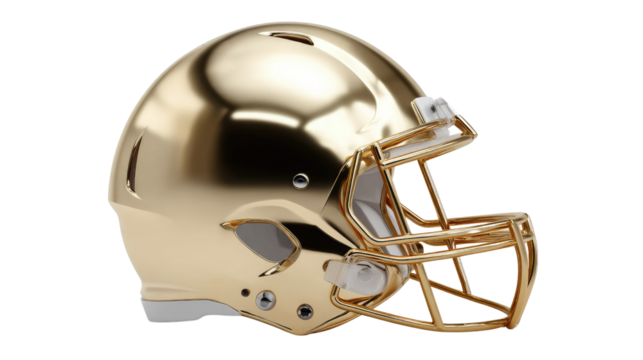 Golden Football Helmet: An eye-level view of a pristine gold-colored football helmet against a clear backdrop, reflecting light and capturing the essence of sportsmanship and victory.