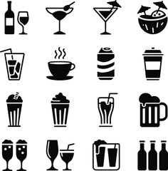 Vector Silhouette Icons of Mixed Drinks, Cocktails, and Beverages