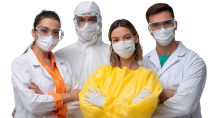 Safeguarding the Frontline: A dedicated team of medical professionals stands united, their faces shielded by protective masks and eyewear, embodying resilience and commitment.