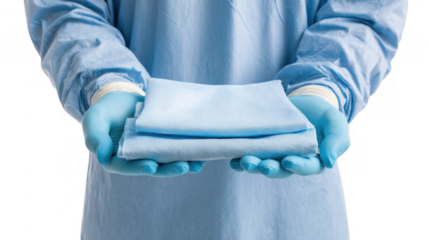 Surgeon wearing blue surgical gown and gloves is holding a stack of sterile surgical drapes, ready for a medical procedure, with transparent background for easy compositing