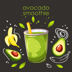 Avocado smoothie. Green smoothie in a glass with avocado and banana. Vector illustration.