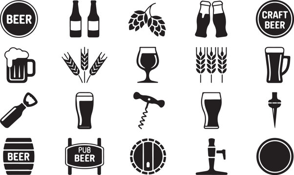 flat beer icons set featuring glasses hops taps barrels and wheat in bold silhouette style for pub or oktoberfest design
