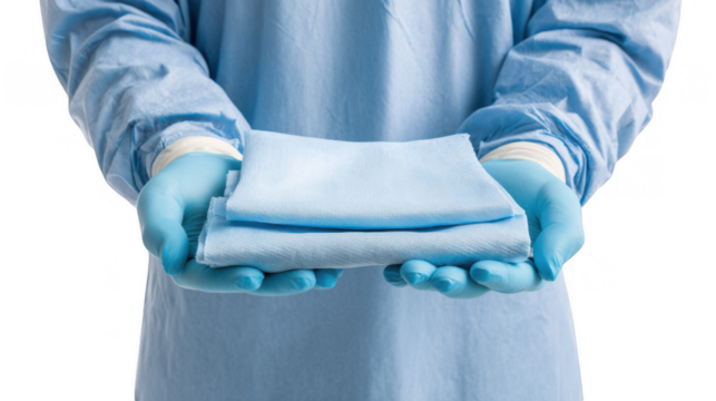 Surgeon wearing blue surgical gown and gloves is holding a stack of sterile surgical drapes, ready for a medical procedure, with transparent background for easy compositing - Powered by Adobe