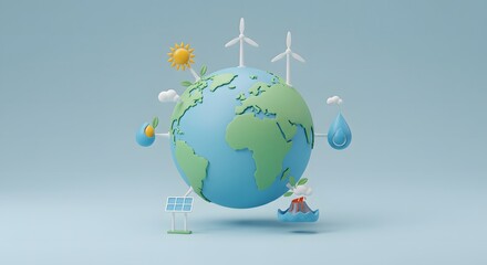Naklejka premium 3D render of a globe surrounded by icons representing solar, wind, hydro, and geothermal energy, flat minimal style 2
