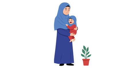 Mother Holding Her Crying Baby in a Hijab with a Plant in the Background