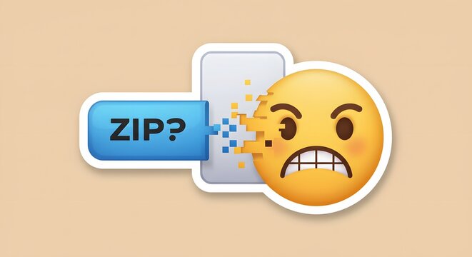 ZIP and Angry Emoji: A creative depiction of data compression and digital frustration. A "ZIP?" button leads to a compressed file that is 'exploding' with data.
