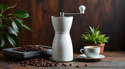 Manual coffee grinder with roasted beans and coffee cup on wooden table