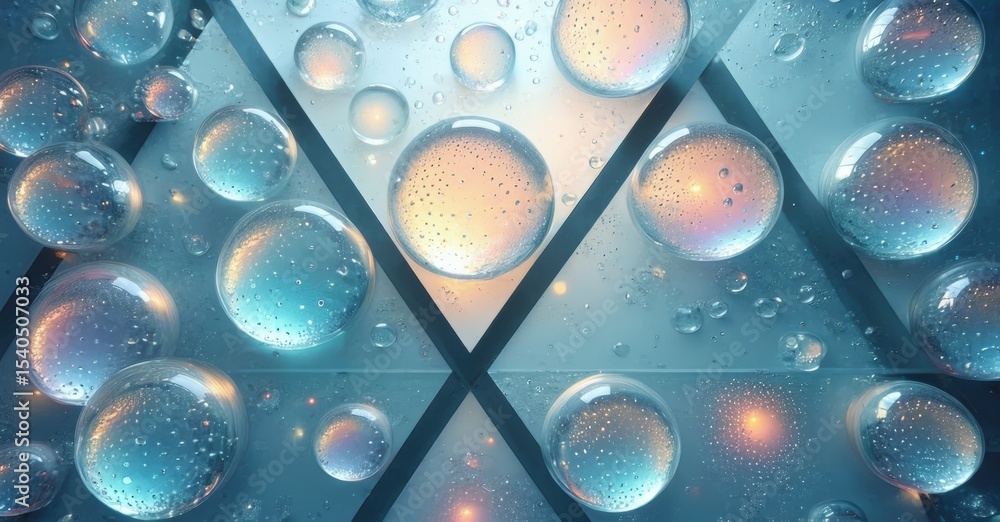 Poster Abstract bubbles, vibrant colors, geometric pattern. Light reflections create interesting visual texture. Cool tones dominate composition.