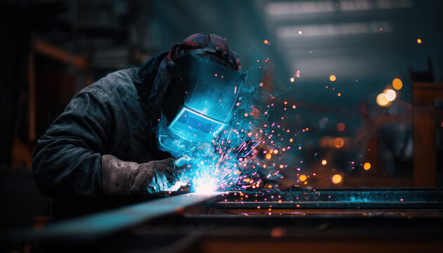 Welder welding steel beams with sparks at the factory, close-up view of a metal worker working in a workshop