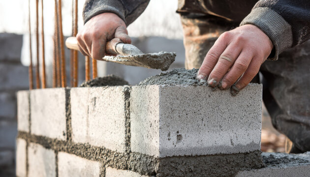 A worker is laying cinder blocks on top of each other to build an outdoor fireplace, holding the trowel in their hand and pouring cement between them with precision