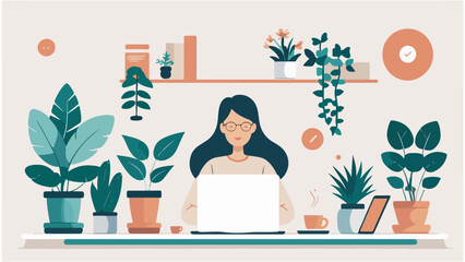 Woman Working from Home in a Plant-Filled Office