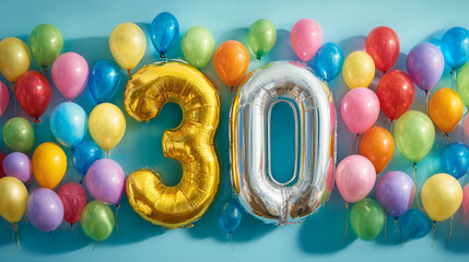 Number 30 for 30th birthday or anniversary. Colorful happy birthday balloons