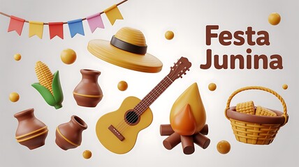 A 3D Illustration of Traditional Festa Junina Celebration Decorations, Music, and Food